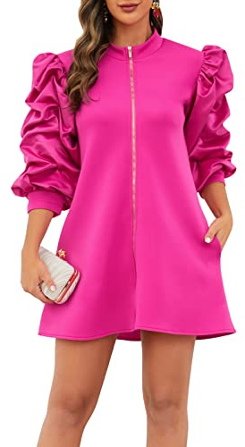 VERWIN Ruffle Sleeve Dress Front Zipper Prom Dress Fashion Cocktail Stand Collar Party Dress Loose Casual Midi Dress M Rose