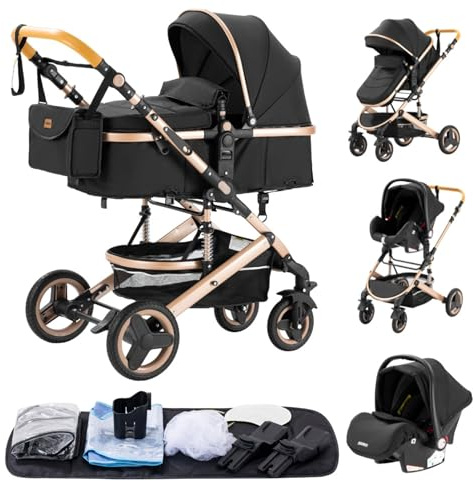 YAZOCO carrito bebe 3 en 1 Cochecito de Bebé Combinado Compacto Todoterreno Lujoso Paisaje Alto Cuatro Veces 0-36 Kg Sillas de paseo BastóN Plegable Accesorios CóModos (2 Negro)