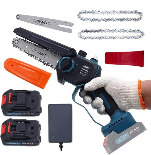 Mini Chainsaw Cordless,6-Inch,with 2pcs 2Ah Rechargeable Batteries & Replacement Blades Set，Battery Powered Chainsaw for Tree Trimming Wood Cutting,-JOVANT