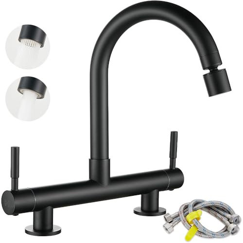 Maynosi 2 Hole Kitchen Sink Mixer Tap, Bridge Kitchen Sink Taps, Dual Levers Faucet with 2 Function Sprayer, 360° Swivel Spout, 180 mm Centers Deck Mounted, Include Flexible Tails, Brass, Matte Black