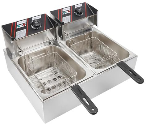 Donened - Friggitrice elettrica a doppio serbatoio in acciaio inox, 2500 W, professionale, in acciaio inox, contenitore rimovibile, termostato 60-200 °C, controllo indipendente, 55 x 44 x 30 cm