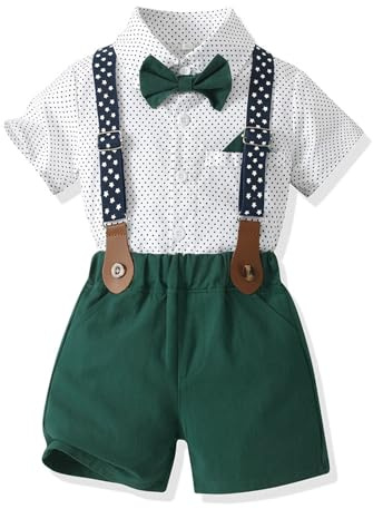 Volunboy Baby pojkar kostym set kläder skjorta med fluga hängslen shorts sparkdräkt kostym, Gröna prickar, 4-5 år