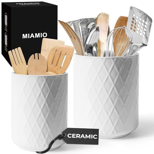 MIAMIO – Porta Utensili da Cucina in Ceramica / Set Organizer per Cucina, Decorazione da Fattoria per Organizzare il Piano di Lavoro e Conservare Posate, Mestoli e Accessori (Bianco)