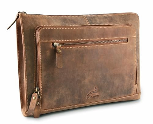 Fa.Volmer ® braune Laptop-Tasche aus echtem Büffel-Leder für MacBooks, Notebooks, Laptops und Tablets bis zu einer Größe von 14″ | Aktentasche A4 | Modell: Riverside