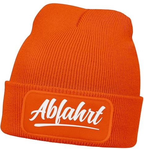 MoonWorks® Herren Beanie mit Patch Strickmütze mit Spruch Aufdruck Abfahrt Lustig Mütze Männer Orange Unisize