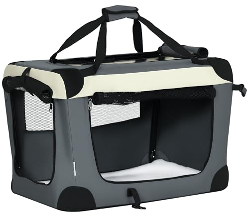 PawHut Transportín para Perros Plegable 60x41x41 cm Transportín para Mascotas con Ventanas Cojín Suave y 2 Correas del Hombro Bolsa de Transporte para Mini Perros Gatos Gris