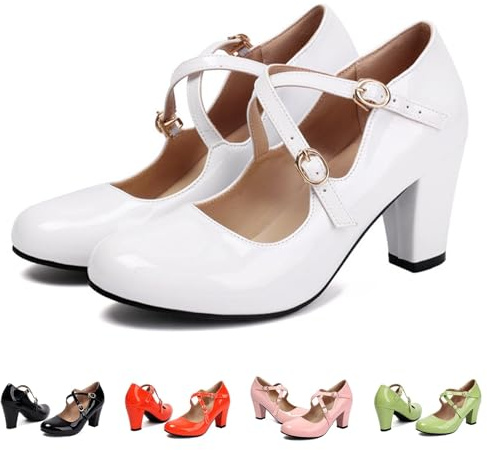 Mary Jane Escarpins pour femme - Élégantes - Style rétro - Décontracté - Chaussures à talons hauts - Style rétro - Style rockabilly - Pour le travail, le bureau, le mariage, la danse, 03 blanc., 36 EU