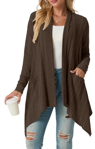 GRECERELLE Womens Cardigans Ribbed Knit Long Sleeve Lightweight Fall Winter Casual Shawl Collar Irregular Hem Cardigan for Ladies with Pockets