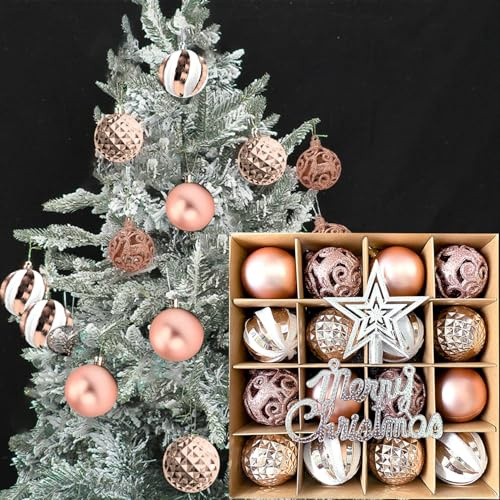 Julgranskulor i champagne, guld, plast, julgransdekorationer – 18 stycken julgranskulor set med julgransspets, stjärna och god julskylt, julgranskulor, julgransset