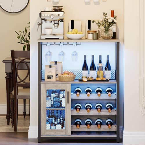 GarveeHome Armario para vinos con iluminación LED, armario de bar industrial 70x35x92 cm, estante para vinos ajustable con soporte para copas para cocina, comedor, sala de estar, mueble de cafetería
