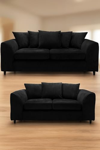 Alaska 3+2 Settee Couch - Comfy 3 and 2 Seater Sofa Sets - Modular Dual Arm Corner Sofas - Upholstered Fabric Sofa Couch Set - 5 Seated Scatter Back for Living Lounge Indoors (Black, 3+2 Seater)