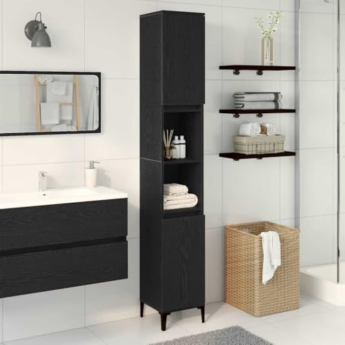 Frdhee Armadietto stretto da bagno con effetto rovere nero, 30 x 30 x 190 cm, lavabo da appoggio per bagno, soggiorno, cucina, salvaspazio
