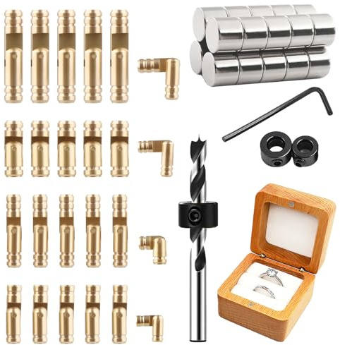 Brass Hidden Hinges Set with Magnets, 80 Piece, 40 Cylinder Hinges in 4 Sizes, 40 Neodymium Magnets, Drill Bit, Depth Stop Collar, 270 Degree Folding for Jewelry Box, Music Box, DIY Woodworking