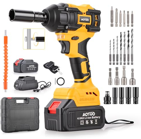 MISTRO Clé à Choc Sans Fil, 3-en-1 400 N·m 21V 2×4000mAh Batteries 5 Douilles 5–13mm, 29 Accessoires Arrêt Automatique Inversé Léger Boulonneuse Pour Pneus de Voiture, Montage Meubles & Bricolage