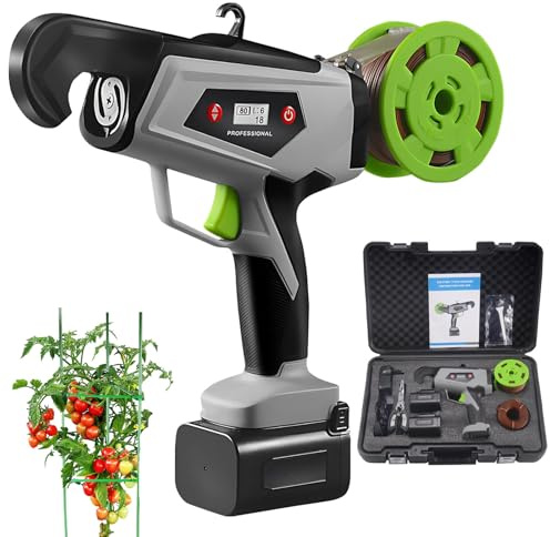 Máquina Atadora Eléctrica, Atadora de Viñas Semi-Automática con Diámetro de Atado 25mm y 16.000 Ataduras, Herramienta Portátil para Ramas con Pantalla LED para Uvas, Frambuesas y Tomates