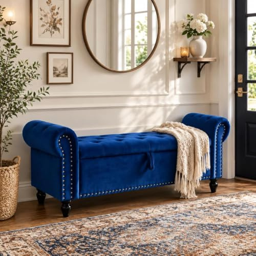 Clevich Storage Bench 133cm, Velvet Fabric Storage Box, Indoor Footstool, Bed Bench, Storage Chest with Armrests for Living Room, Bedroom, Hallway, Blue