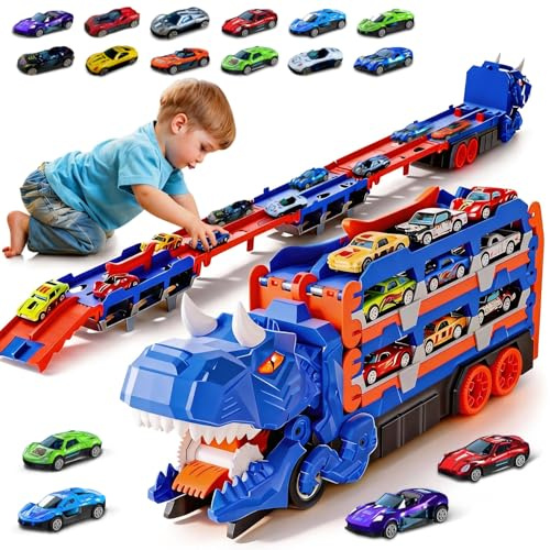 Dcceeo Camion Trasporto Dinosauri, Transporter Truck Macchinine Giocattoli con 12 Auto da Corsa e Pista Pieghevole Camion Trasportatore di Dinosauri Giocattolo Regalo per Ragazzi dai 2 3 4 5 6 7 Anni
