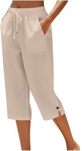 Bermudasmujer Verano Pantalones Cortos Lino 3/4 Mujer Pantalones Talla Grande Cintura Alta Elástiica Pantalón de Pierna Rectos Cómodo Transpirable Pantalón Corto Mujer Verano