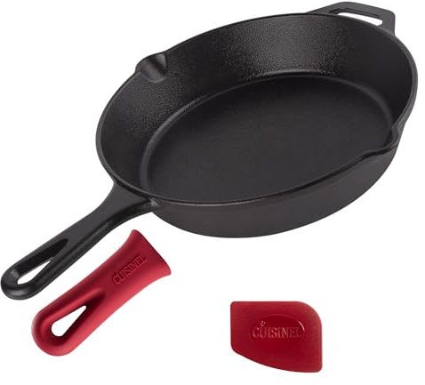 Cast Iron Skillet - 10-Inch Frying Pan with Pour Spouts + Pan Scraper + Silicone Grip Handle Cover Holder - Pre-Seasoned Oven Cookware - Indoor/Outdoor Use - Stovetop, Induction. PFAS and PFOA-free