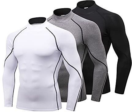 LANBAOSI 3-pack/2-pack herr Mock Polokrage kompressionsskjortor långärmad solskydd skjortor kylning träning gym toppar undertröja, Blkgry+grå+vit, XL