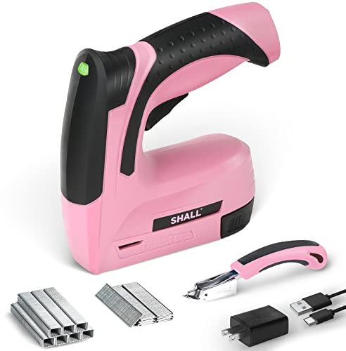 Shall Pink Electric Staple Gun, 2 in 1 Cordless Upholstery Stapler Nail Gun for Wood, 4V Rechargeable Brad Nailer Kit w/ 2500 Staples Nails, Staple Remover & Fast Charger for Crafts, DIY, Decoration