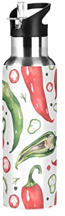 Chili Hot Pepper Isolierte Wasserflasche mit Strohhalmdeckel Edelstahl Vakuumflaschen mit Griff für heiße und kalte Getränke, 590 ml BAP-frei