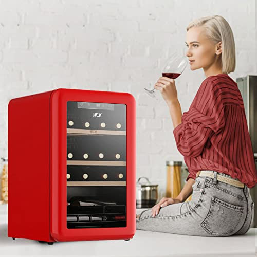 Nevera para Vinos, Vinoteca de 20 Botellas/64L, Enfriador de Vino Electrico Nevera para Vinos Temperaturas Ajustables de 4 A 22 °C, 3 Estantes de Madera, Vinotecas Pequeñas, Negro,Rojo