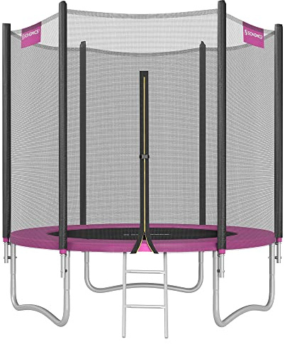 SONGMICS Trampolino esterno bambino diametro 183 cm, rete di protezione esterna, cuscini di sicurezza, scala, palo dritto alto 180 cm, telaio in acciaio, nero e rosa STR061P01V1