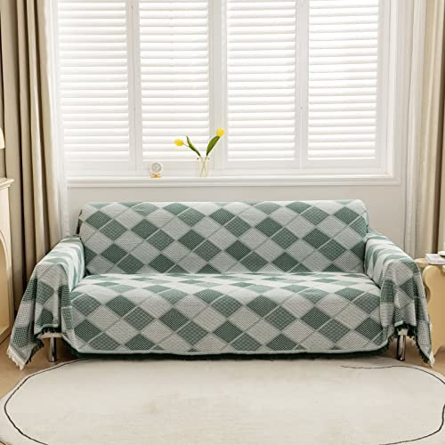 LHGOGO Rautenmuster Sofaüberwurf Decke Umkehrbare großer Couch Überwurf Sofa Cover dekorativer Sofabezug Sofadecken zum Abdecken Tagesdecke mit Quasten - Grün, 180x230cm