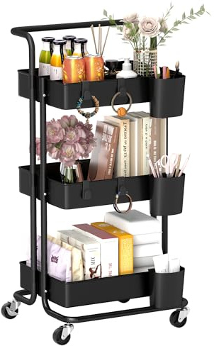 HOMCOM 3 Tier Storage Trolley on Wheels, Kitchen Trolley with 3 Mesh Baskets, 3 Hanging Box, 4 Hooks, Dividers, Metal Frame and Handle for Living Room, Bedroom, Laundry, Bathroom, Office, Black