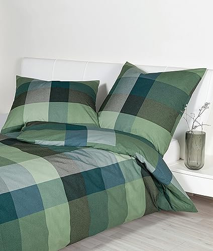 Janine Davos - Ropa de cama de 155 x 200 cm + 80 x 80 cm, funda nórdica suave de franela fina, con cremallera, 100% algodón, certificado Öko-Tex, color verde y azul