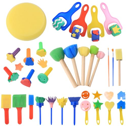 30 Pièces Kit Pinceau Éponge, Réutilisable Kit Peinture Enfant, Crafts Éponge Brosse, Rouleau Peinture Enfant pour l'éducation Précoce des Enfants,Outils de Pinceau Manuelle DIY