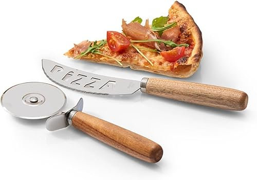 Set 2 Pezzi per Tagliare la Pizza - Set Coltello e Rotella per Pizza in Legno e Acciaio Inox