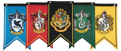 Conquest Journals Harry Potter Wizarding House Banner Flag Set, 12'' x 20'' Polyester Flags, Set of 5 Includes Hogwarts Crest, Gryffindor, Slytherin, Ravenclaw & Hufflepuff Banners, Birthday Party
