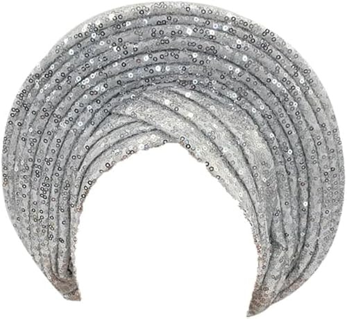 SugeGasa Ready to Wear African Auto Gele Headties Nigeria Wedding Geles Muslim Head Wrap Hijab Headpiece Sequins Turban Cap for Women, Silver, One size