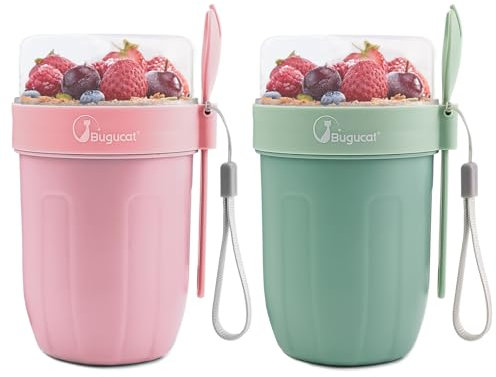 Bugucat Tazza per cereali to Go 660 ml + 260 ml, 2 in 1 per yogurt to Go & Müsli Cup to Go Tazza con cucchiaio, a prova di perdite, per cereali, yogurt to go per picnic, verde e rosa