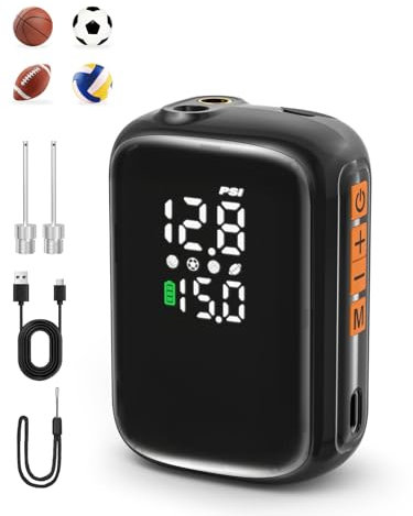 Pumteck Elektrische Ballpumpe AP1-M, Intelligente Tragbare Schnelle Ballaufblasung mit Genauem Manometer und Digitalem LCD Display für Fußball, Basketball, Volleyball, Rugby (2 Nadel und 1 Düse)