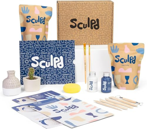 Sculpd keramikkit, lufttorkande lera startsats för nybörjare med matt lack, keramikkit för två inkluderar färg, verktygsset, penslar, svamp och steg-för-steg-guide, lufttorkande lera kit för vuxna