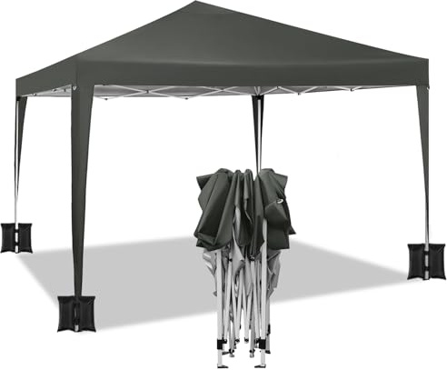 WOLTU Trädgårdspaviljong vikbart lusthus fyrkantig pergola med pop up-design tält med överdrag oxfordtyg tillverkat av metallrör, 3 x 3 m, 4 st tomma sandpåsar för tält, grå