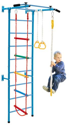SPOTRAVEL Indoor Swedish ladder, 5 in 1 Children Climbing wall with Pull-Up Bar, Climbing Rope, Gymnastic Rings, Rope & Wall Ladder, Gymnastics Bar and Equipment for 3+ Years Old Kids(Blue)