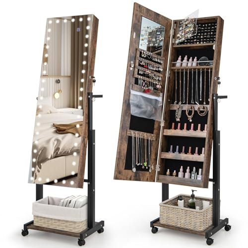 GOPLUS Armoire à Bijoux à Roulettes avec LED 3 Couleur, 2 Hauteur et 3 Angle Réglable, Intelligent Tactile, Armoire a Bijoux avec Miroir sur Pied avec Porte-manteau, Rangement, Miroir Intégré (Marron)
