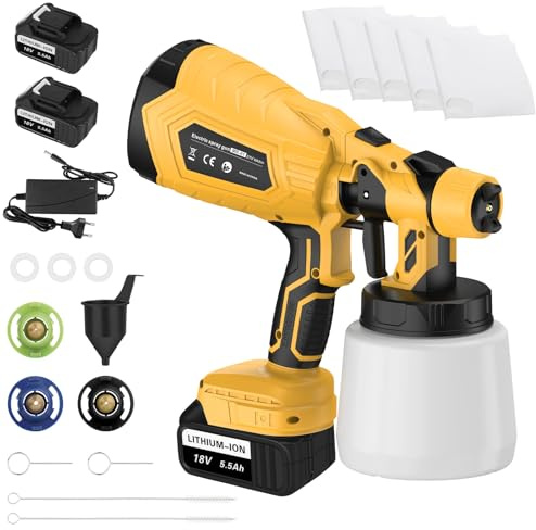 KEATFE Sistema di spruzzatura a batteria, con batteria da 2 x 5500 mAh, pistola per verniciatura elettrica, 1000 ml, grande contenitore, per dipingere pareti, soffitti, mobili, recinzioni da giardino