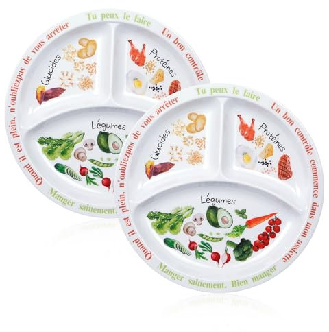 Yuecda Assiettes de contrôle des portions pour une alimentation équilibrée - Assiette alimentaire saine pour adultes et adolescents - Compartiments en mélamine - Perte de poids - Assiettes diabétiques