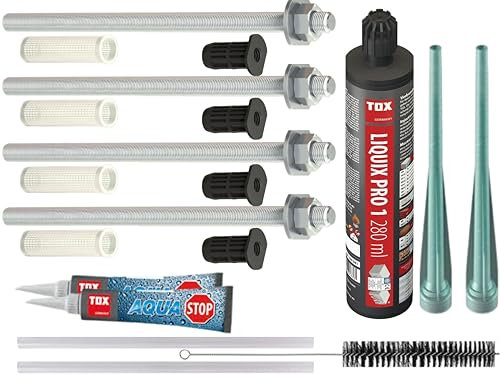 TOX Thermo Proof 12x300mm Markisenbefestigung Edelstahl A4 Set, Wärmebrückenfreie Schwerlast-Montage, WDVS Abstandsmontage mit Liquix Pro 1 und Reinigungsbürste und Dichtmittel (4x 12x300mm SET)