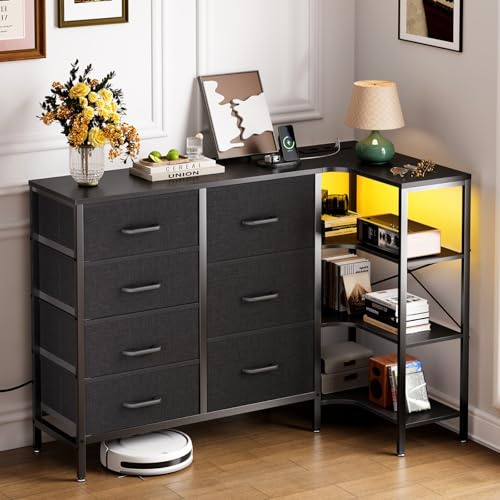 Coleshome Kommode mit Schubladen, Eck Kommode mit 7 Stoffschubladen - 2 USB- und 2 AC-Steckdosen und LED-Leuchten, Mit 3-lagigem Ablagetisch, Geeignet für Schlafzimmer- und Wohnzimmerecken, Schwarz