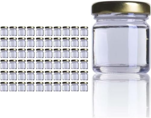 Aucomptoirdesflacons 60 x Mini bocaux en verre 40ml avec couvercle+ 1 spatule-cuillère en inox (Miel, confiture, pâté, marmelade, bonbons..) - Made in France avec couvercle or