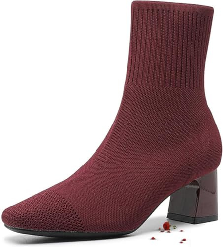 WAMIZEU Botas tipo calcetín marrones para mujer, de punto elástico, a la moda, con tacón de bloque, cómodas, transpirables, puntera cuadrada, sin cordones, informales, de tacón grueso, rojo vino, 43