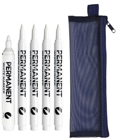 RhiVrillion 5 Piece Pennarello Permanente Bianco Penna (4 Fini + 1 Spesso) con Custodia, Asciugatura Rapida Penne Impermeabili Marker, per Ceramica, Sassi, Vetro, Legno, Tela, Pneumatici