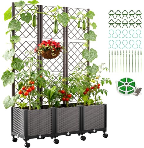 SUNYRISY Hochbeet mit Rankgitter, Blumenkasten mit Rankhilfe und Rollenrad, 3 Stück Garten Planter Box mit Rädern und Sichtschutz, Selbstbewässerung Pflanzkasten Pflanzkübel für Kletterpflanzen