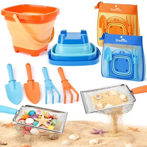 Dreamon Jouets de Plage pour Enfants 3 4 5 Ans Garçons Filles Jouet de Plage Comprend Un Seau Pliable Sac en Filet Tamis à Sable Pelle Râteau pour Les Jeux D'extérieur